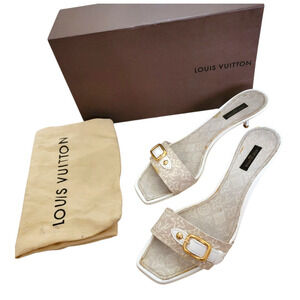 Louis Vuitton Vintage Monogram Sandals Kitten Heels White Leather Mules 9 39